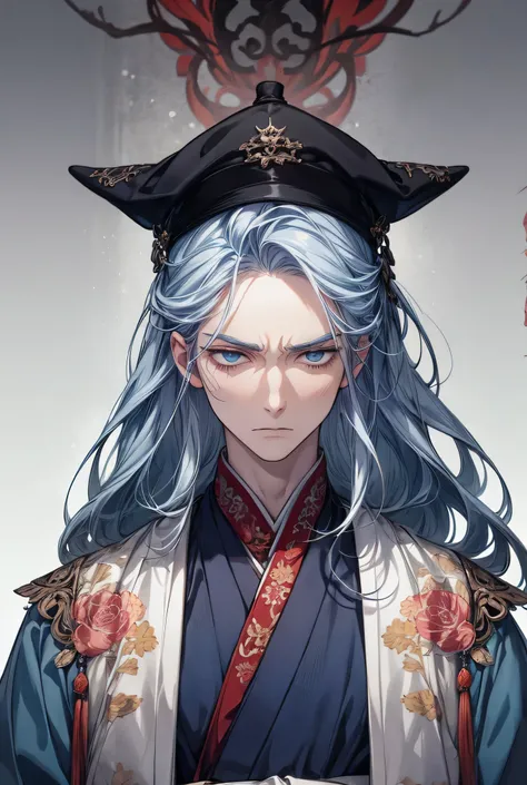 The guy is a somnologist. Scandinavian style of clothing. Guy. Long hair of pale dirty blue color. He is dressed in a dull blue hanfu. In addition, dark red patterns are embroidered on the hanfu. The guy looks sickly and tired. The guy looks serious and di...