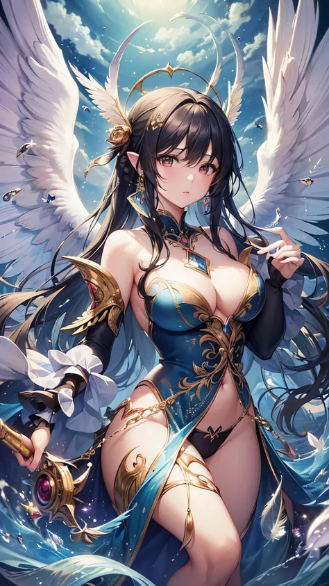 (( top quality )),( super high res),( super detailed ),( detailed description ),(( best CG )),( Best Artwork ), Ultra Precision Art, Amazing Painting Art ,(Exquisite art:1.5), 　 Female Angels, hair, wing, null,  flying feathers,