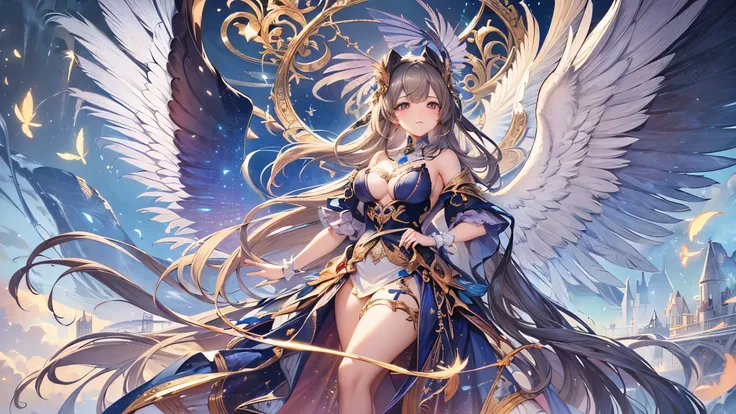 (( top quality )),( super high res),( super detailed ),( detailed description ),(( best CG )),( Best Artwork ), Ultra Precision Art, Amazing Painting Art ,(Exquisite art:1.5), 　 Female Angels, hair, wing, null,  flying feathers,