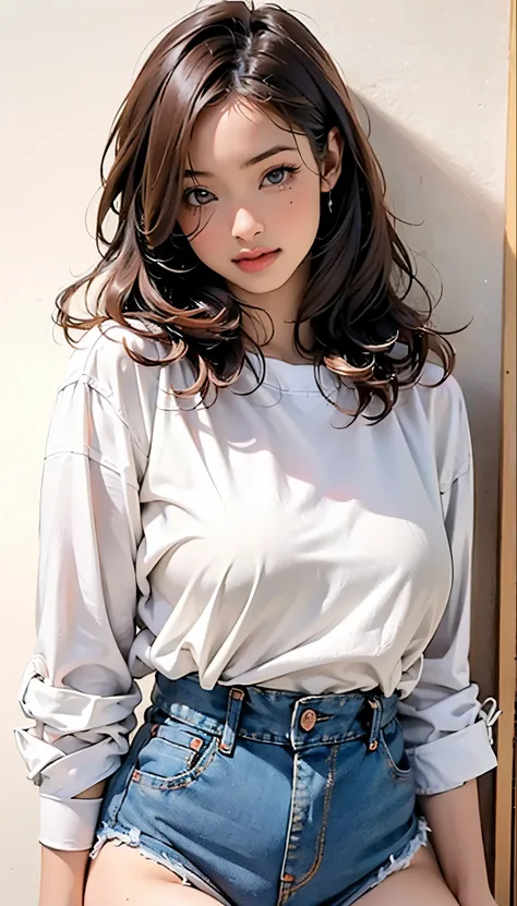 (( realistic:1.2)) , ((Upper Body)), high res,  1 girl,  White Wavy Hair , Korean,  heterochromic eye ,  small mole under eye , loose white shirt,  skinny denim shorts,  Big Breasts , Thighs,  masterpiece showing panties,  realism