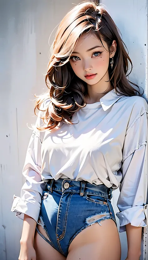 (( realistic:1.2)) , ((Upper Body)), high res,  1 girl,  White Wavy Hair , Korean,  heterochromic eye ,  small mole under eye , loose white shirt,  skinny denim shorts,  Big Breasts , Thighs,  masterpiece showing panties,  realism