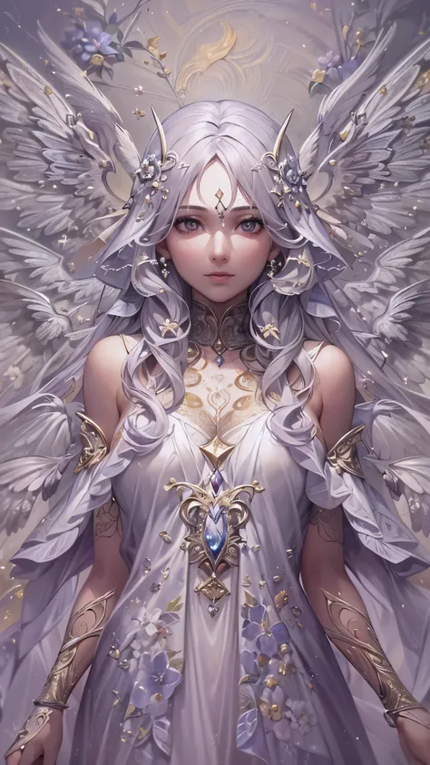 (( top quality )),( super high res),( super detailed ),( detailed description ),(( best CG )),( Best Artwork ), Ultra Precision Art, Amazing Painting Art ,(Exquisite art:1.5), 　 Female Angels, hair, wing, null,  flying feathers,