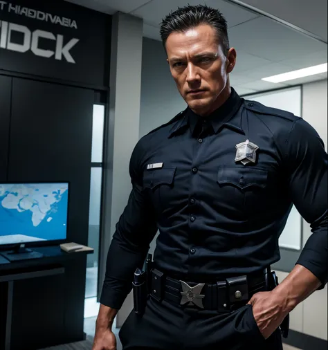 27 year old handsome, One Man,、  muscular、Robert Patrick。 Policemans Clothes 、  black slim pants 、Short Hair　、office、Cool fighting poses、 Policemans Clothes 、  black slim pants 、  upper body lift with an emphasis on facial expression　Robert Patrick　T1000　 ...