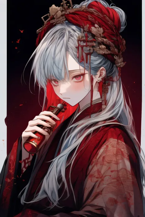 Guy. Long hair of pale blue color. The wine-red strands are gathered into a small bun using kanzashi sticks. Hes wearing a dark silver hanfu. In addition, there are gold patterns embroidered on the hanfu. The guy looks sickly, thin. The guy holds a glass o...