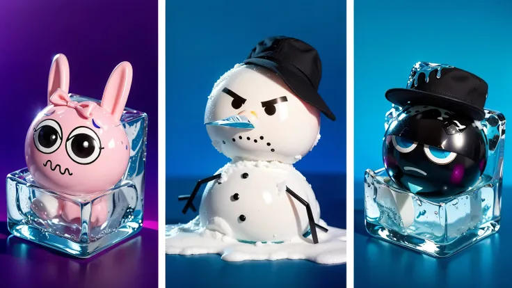 Three distinct characters displayed against a glossy gradient background. On the left, a shiny pink spherical head with bunny ears and a bow sits melting inside a transparent blue ice cube. In the center, a melting snowman with two snowballs, angry eyebrow...