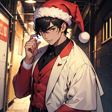 black hair black suit Santa hat young man