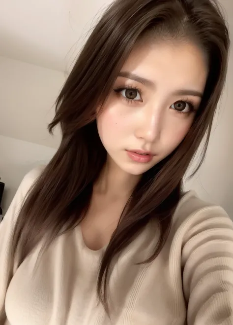 Idol-like face、 brown hair 、Big Breasts、 Japanese、20 years old、 medium hair、((  Delicate Facial Features ,  erotic expression, )), Dramatic lighting ,  realistic  , 8k,  dramatic shadow  ,  intricate and elaborate pattern ,  is  ,  chiaroscuro lighting  , ...