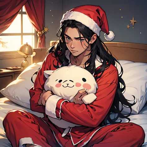 Black Haired Long Haired Downer Young Man Pyjamas Santa Hat