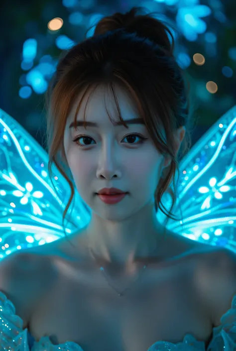  roseleslie woman as a fairy,( high detail :1.2),( Best Quality :1.2),(8K:1.2), Sharp focus,( sub-surface scattering :1.1), Award-winning photo, professional portrait photography ,(close up:1.1) ( sparkling bioluminescent forest :1.2),iridescent fairy wing...