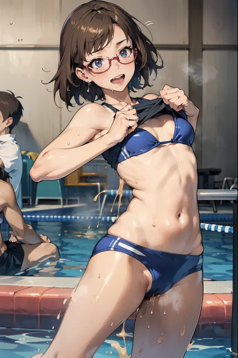 anime - style illustration of a woman, (super flat, flat shading), Honors Type, Really blushing, (tanned:1.3), (gleaming skin, oily skin, shiny skin, sweat:1.0), high school girl, wearing bikini swimwear, (Trembling With Sexual Climax:1.5), (motion line:1....