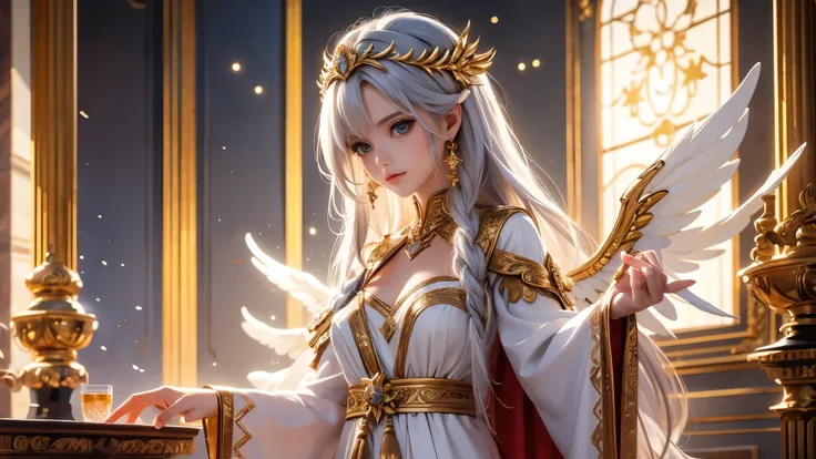 (( top quality )),( super high res),( super detailed ),( detailed description ),(( best CG )),( Best Artwork ), Ultra Precision Art, Amazing Painting Art ,(Exquisite art:1.5), 　 Female Angels, hair, wing, null,  flying feathers,