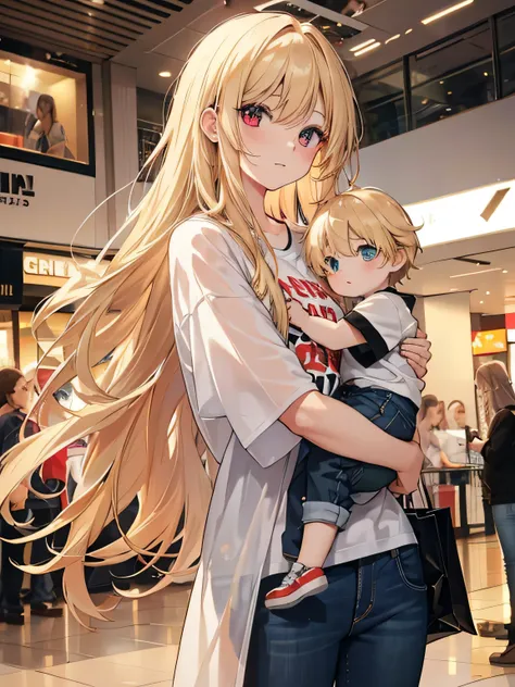 a beautiful young woman, with long Golden hair, red eyes, wearing jeans and an oversized t-shirt, holding a baby boy in one hand, golden hair, green eyes. wearing cute shoes, shopping mall
