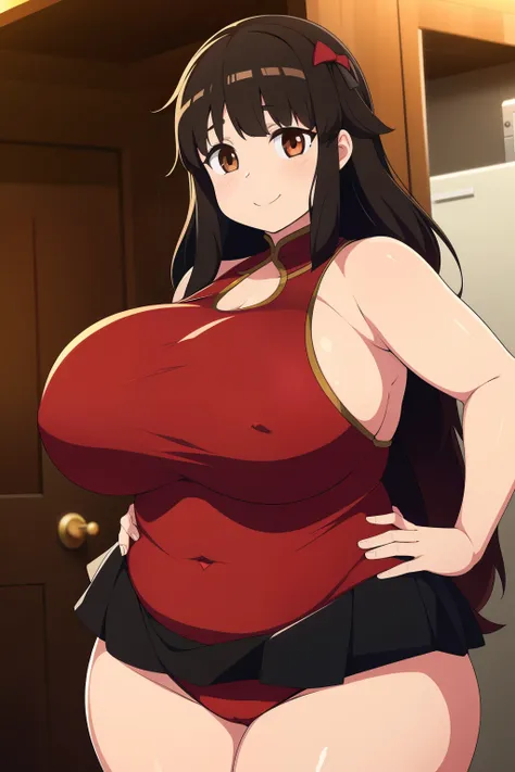 Chubby girl with big breasts brown eyes long messy black hair smiling jinako carigiri red Christmas leotard