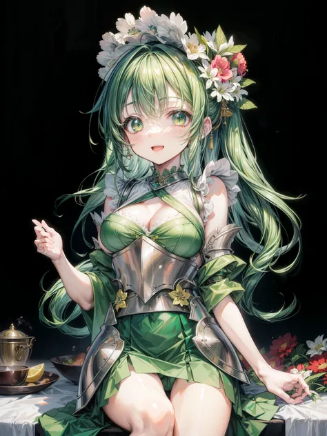 anime, best quality, extremely detailed, masterpiece, ultra high res, loli girl, smile, open mouth, Raw feet, (huge breasts:1.2), low ponytail, curly hair, Emerald green hair, green kimono, g-string undies, maid, micro skirt, cloak, (armor:1.3), jewelry, l...