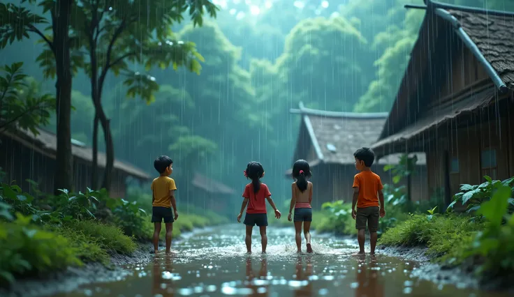 3 D pixar animation, rain water, people in Indonesian village look happy when it rains, wet ground, heavy rain