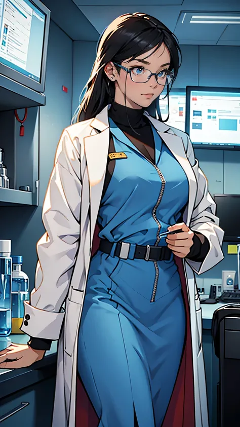 A forensic scientist in her early 30s, often seen wearing a lab coat and glasses, with a calm and focused expression. Her appearance is neat and professional, with an air of intelligence and precision. She often works in a sterile, clinical environment, ha...