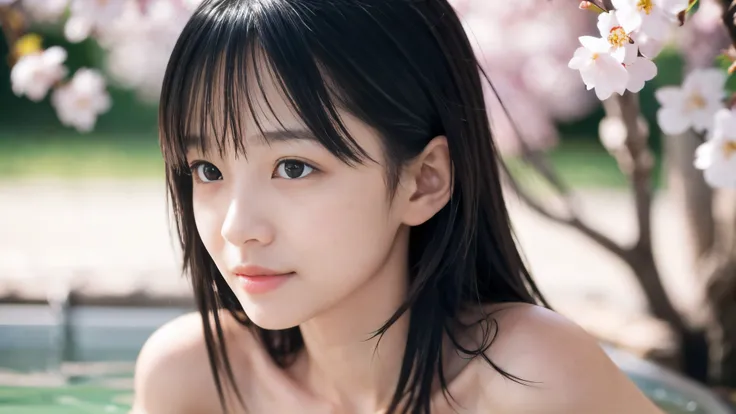 (Profile shot of a naked slender small breasts two side up black medium hair with bangs girl:1.5)、(Naked girl is soaking in a milky color Japanese onsen outdoors with small smile:1.5)、(Outdoor Japanese onsen with milky white color and it has full bloom wee...