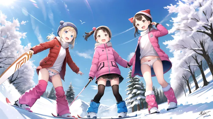 Four Girls, This festival |  | Imuchika |  (  Ski Resort, Ski wear, winter, snow) 、子供綿  underwear ,  underwear ,  translucent chemise is visible 、,  low angle、  white print panties、 flat chest,Full body drawing