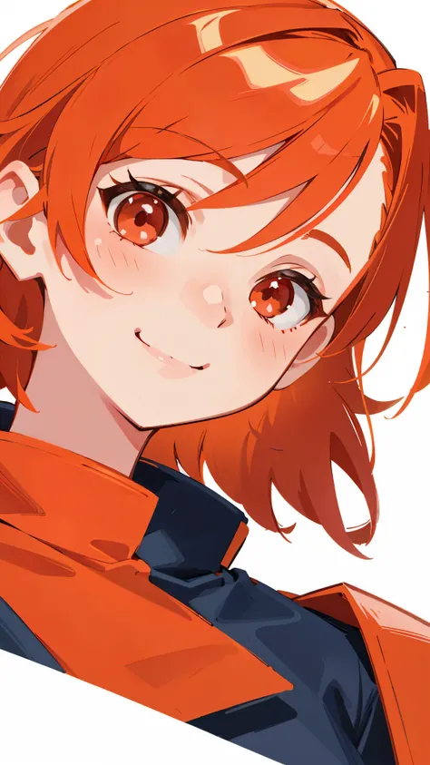 One woman 、 orange hair、 red eyes、smile、 upper body closeup