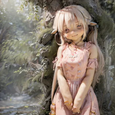 in the garden, smile,       Photorealistic rendering with a warm and bright atmosphere      .        Similar to a forest setting             ,        it combines            ,    beautiful eyes and lips   .  (((Photorealistic rendering similar to Chibi char...