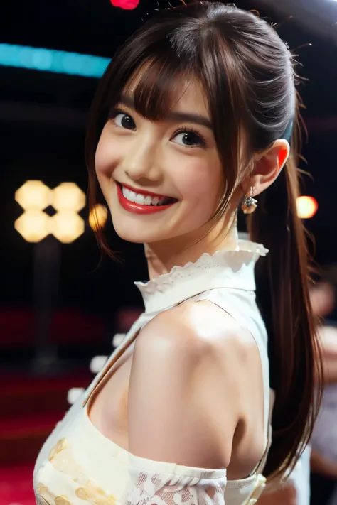 1girl,bangs,bare arms,collar,maxi white lace cheongsam,detailed background,detailed eyes,brown hair,earrings,close-up of face,jewelry,slim,flat chest,ponytail,looking at viewer,makeup,night scene,red lips,signature,laughing,solo,standing,On the T-stage,cat...