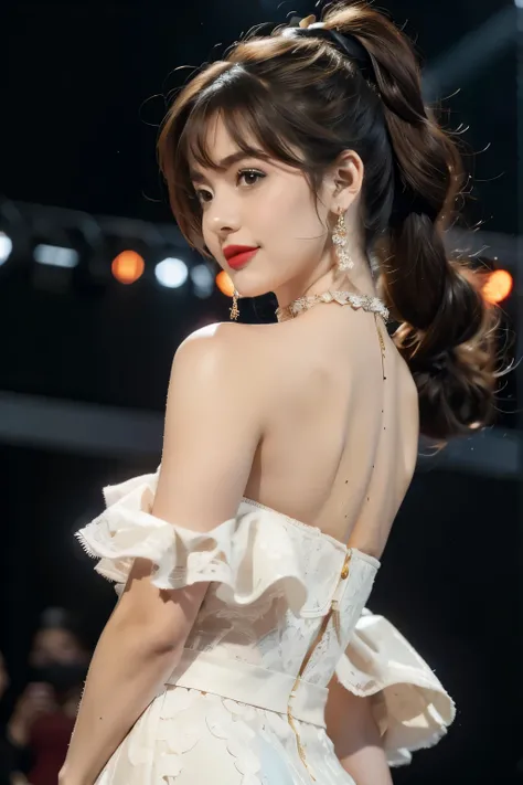 1girl,bangs,bare arms,collar,strapless white lace dudou,cleavage,detailed background,detailed eyes,brown hair,earrings,upper body,jewelry,slim,flat chest,ponytail,looking at viewer,makeup,night scene,red lips,signature,laughing,solo,On the T-stage,fashion ...