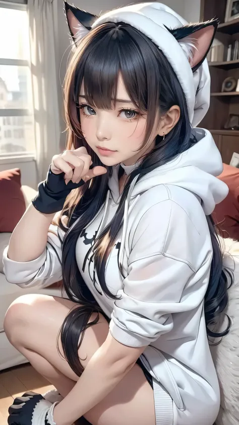 8K Ultra High-Quality, ultra-detailed, High quality, dark blue hair, long hair, cat ears, glasses, gloves, white hoodie, short, santa hat, close up, side view, living room background