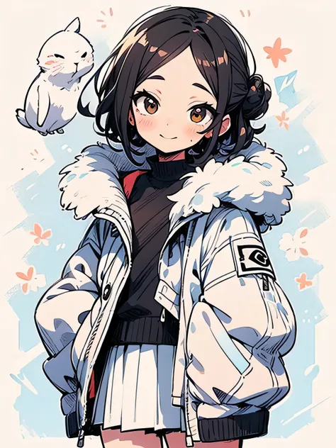 Alone, upperbody ,brown half updo,forehead,cute face,Fluffy fur white mini jacket,White Mini Skirt, absolute domain、 short white socks,White Boots,gal makeup,eyelash,looking at viewer,(manga style),(sketch),(illustration),