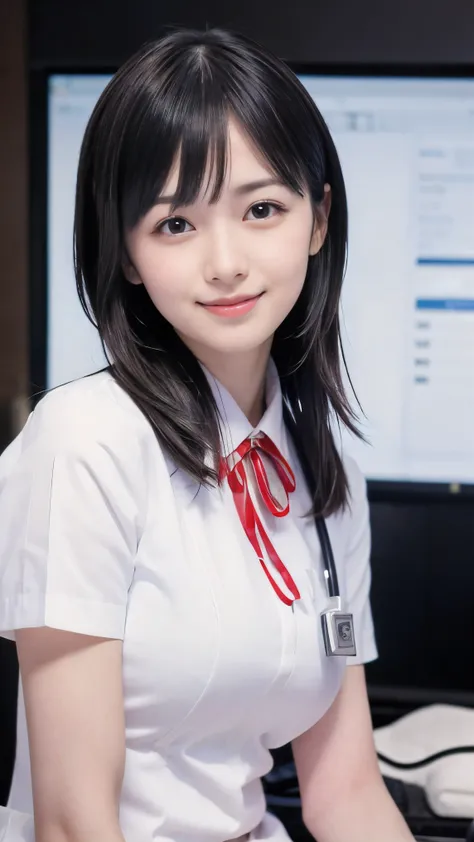 (Close-up face shot of one slender small breasts two side up black medium hair with bangs girl in a white nurse uniform:1.5)、(One nurse measuring blood pressure in the hospital room with small smile:1.5)、(blurred background:1.5)、(Natural light:1.5)、(High-k...