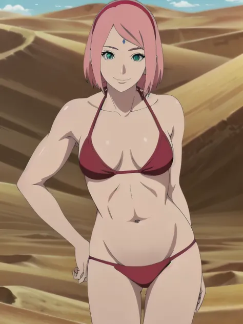 anime style, solo, 1 woman, from front, (standing), super ultra details, bold drawing lines, very high resolution, perfect anatomy, ultra detailed face, 1girl, haruno sakura, (off-shoulders, (small biceps:1.1), leaning forward, very pale skin, forehead mar...