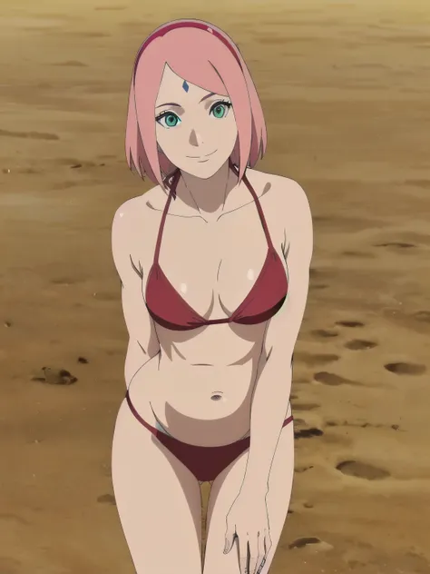 anime style, solo, 1 woman, from front, (standing), super ultra details, bold drawing lines, very high resolution, perfect anatomy, ultra detailed face, 1girl, haruno sakura, (off-shoulders, (small biceps:1.1), leaning forward, very pale skin, forehead mar...