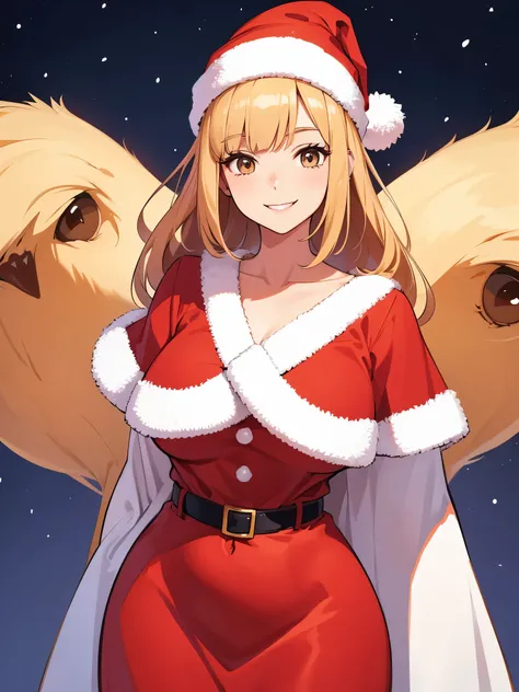 Illustration of a tall adult woman in a very cute Santa outfit smiling