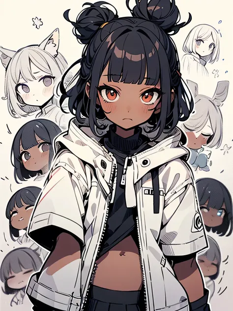 Alone, upperbody ,black half updo,(blunt bangs),(dark skin:1.3),black woman,cute face,Fluffy fur white mini jacket,White Mini Skirt, absolute domain、 short white socks,ALL WHITE :1.3,White Boots,gal makeup,eyelash,looking at viewer,(manga style),(sketch),(...