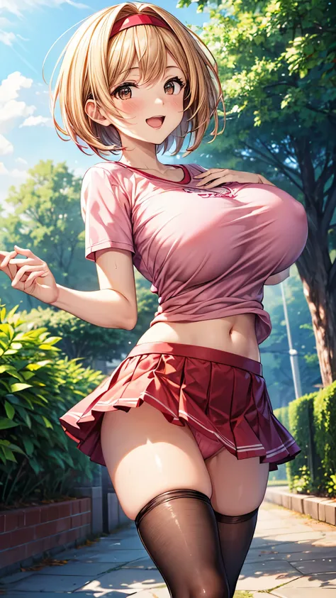 best quality,4k,8k,1girl,(huge breasts),orgasm,blush,sweat,smile,(djeeta,brown eyes,red hairband:1.0),(pink t-shirt,short sleeves,red skirt,mini skirt:1.3),(pink panties,striped panties),thighhighs,garden,wind,wind lift