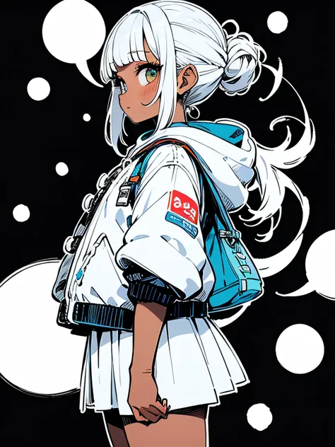 sideview,Alone, upperbody ,black half updo,(blunt bangs),(dark skin:1.3),black woman,cute face,Fluffy fur white mini jacket,White Mini Skirt, absolute domain、 short white socks,ALL WHITE :1.3,White Boots,gal makeup,eyelash,looking at viewer,(manga style),(...