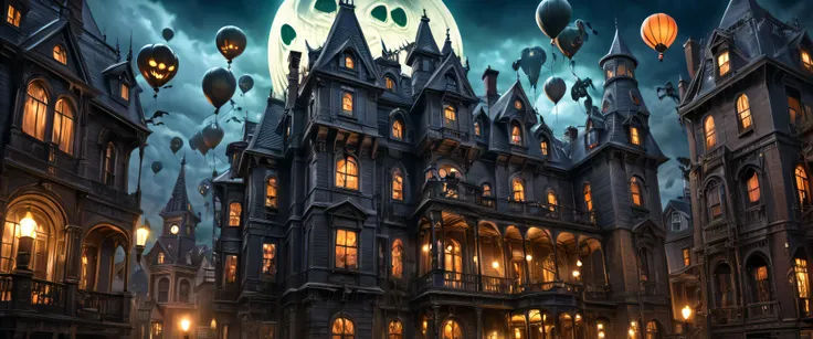 Hot Air Balloons Floating in a Gothic Mansion , Sci-fi Mansion Inspired by the Victorian Era , Spooky Haunted House , mansions of madness , Victorian House , Fantasy Victorian Era Art, Highly Detailed 3D Gothic Oil Paintings , Highly Detailed 4K...