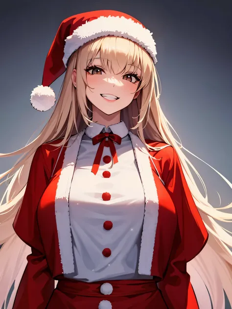 Illustration of a tall adult woman in a very cute Santa outfit smiling