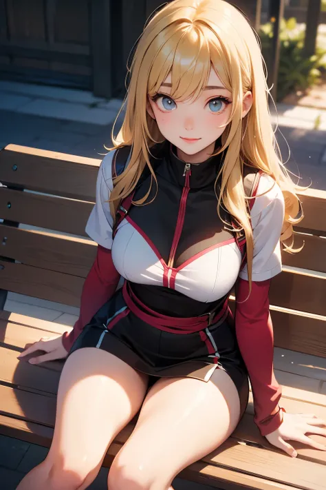  top quality , detailed face ,  cute face,  Masterpiece ,  lady, blonde hair, tight ski outfit,  large breasts,  slim waist, on long bridge, smile, speed run, ,sitting on bench, corssed legs