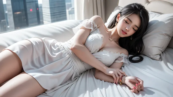 （( girl lying in bed ))、 beauty、One personの女の子、One person、 long hair、Viewer、smile、（ close your eyes）、 hair ornament、、gem、Gray Hair、 close your mouth、Sluggish Banganik 、 Bracelet 、lips、 gray eyes、 portrait、Red nails、close、赤いlips、s face、 Place your hand on y...