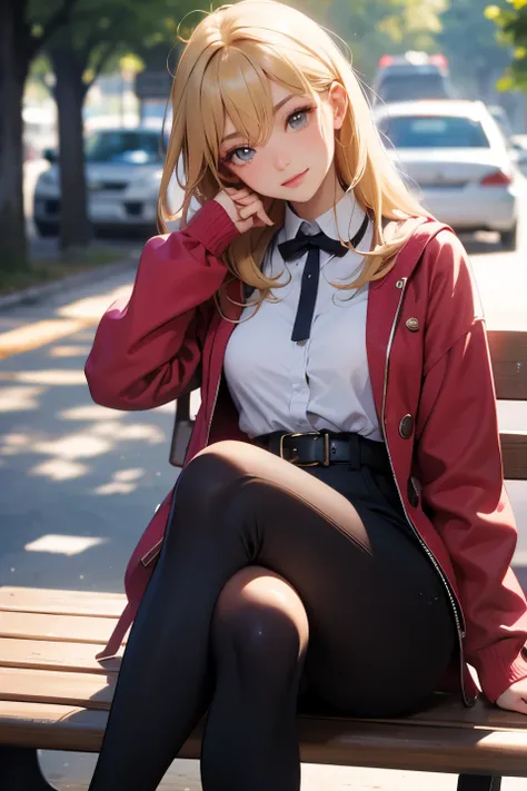  top quality , detailed face ,  cute face,  Masterpiece ,  lady, blonde hair, tight ski outfit,  large breasts,  slim waist, on long bridge, smile, speed run, ,sitting on bench, crossed legs