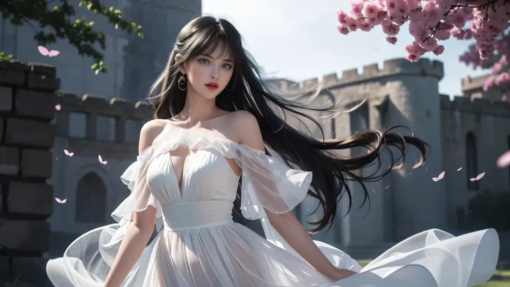 (( Girl Standing in Front of an Old Castle Wall ))、Fluorescent Color、1 girl、 Facing Side 、 beautiful faces、 beautiful eyes、（ Off Shoulder：1.2）、 upper body、 shiny hair、Glowing Skin、Reduce glare、Adjust finger ratios、Escrow、throw、 dynamic angle、(((Master part...