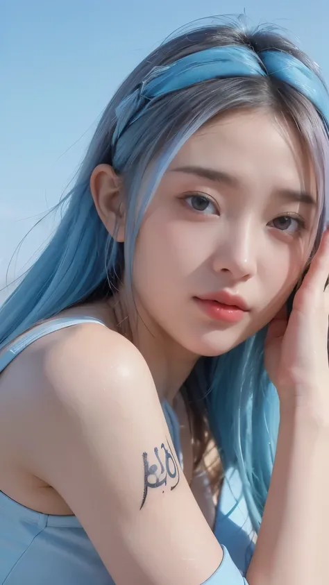 masterpiece, best quality, ultra-realistic, (extreme close up:1.3), young woman with flowing pastel pink and blue hair, stands against a clear blue sky, wearing futuristic glasses atop her head. Her attire features tactical elements and visible tattoos on ...