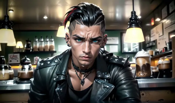 "(((solo, alone))), ((highly detailed, detailed eyes, detailed face, clear and realistic facial features, photorealistic, realistic light; raw and unfiltered)), (1 man), ((((coffee shop background)))), (((gorgeous athletic punk tough bully male))), ((18-ye...