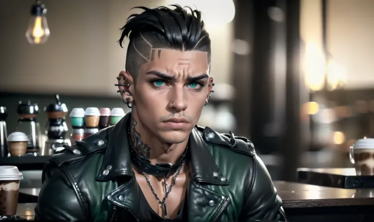 "(((solo, alone))), ((highly detailed, detailed eyes, detailed face, clear and realistic facial features, photorealistic, realistic light; raw and unfiltered)), (1 man), ((((coffee shop background)))), (((gorgeous athletic punk tough bully male))), ((18-ye...