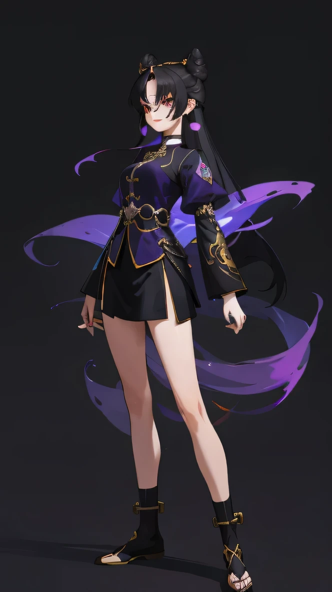 Masterpiece , best quality, 1 Xiao Wu , Face Color Looks Cool , Strong, Golden Left Eye , Red Right Eye , Long hair, Black hair, Firm Eyes , Simple Uniform , Black Long Earrings , Chinese Morden Hybrid , Front Photo , simple background, purple Background ,...
