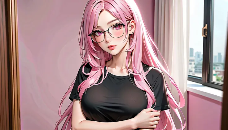 Mommy, Long Hair, light soft pink Hair, pink eyes, with glasses, Medium breasts, Blush, Adult, Pink Lip Gloss, in the room, black shirt, High Resolution, Looking at viewer, HD