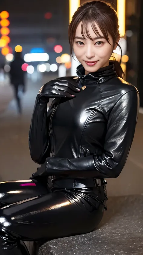 ( glossy black leather riders jacket:1.2), Office in the Dark, Black leather gloved fingertips on both hands,Wearing black leather gloves,Sitting in a black leather chair、 Japanese female new recruits (Black leather gloves cover both hands:1.4) (The angle ...