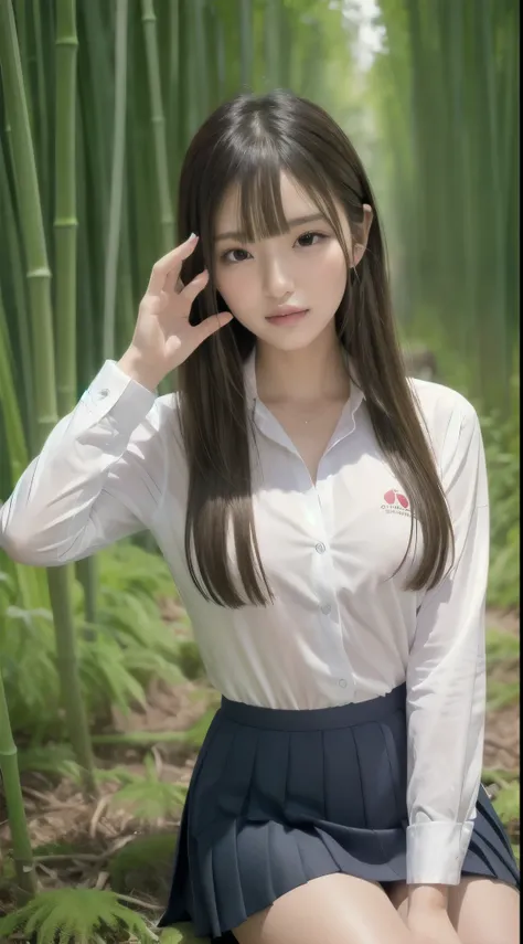 one girl, light brown hair, blunt bangs, hair behind ears, hair over shoulder, long hair, slender figure, ultra fine face, Gentle lips, beautiful eyes, double eyelid, lipstick, Light blush, Perfect glowing skin, perfect skin, white skin, Shiny sweat, embar...