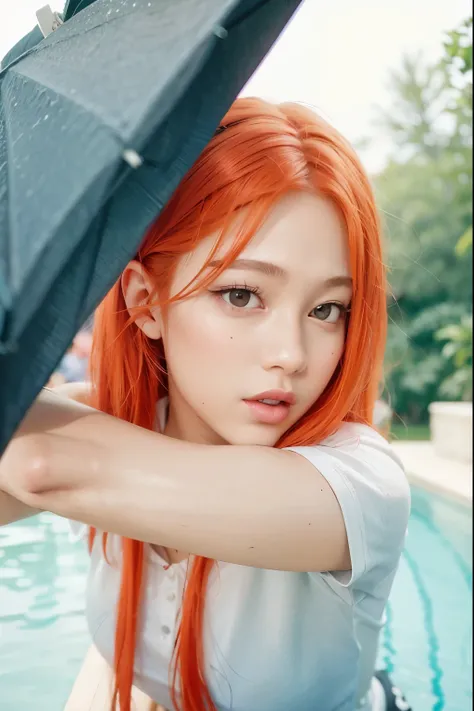 there is a woman with red hair holding a black umbrella, portrait of jossi of blackpink, portrait jisoo blackpink, jossi of blackpink, sun yunjoo, jisoo from blackpink, jisoo of blackpink, roseanne park of blackpink, she has long redorange hair, taejune ki...