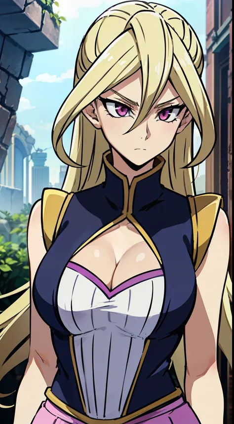 masterpiece, best quality,Gloria Tyler, blonde hair, purple eyes, serious, long hair, large breasts,sleeveless,pink skirt, (ruins),(upper body)